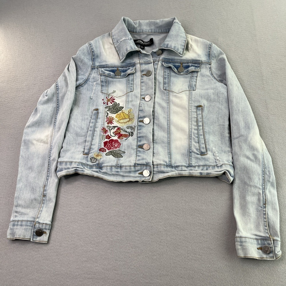 JouJou Light Wash Embroidered Distressed Blue Denim Jean Jacket Womens Sz Large